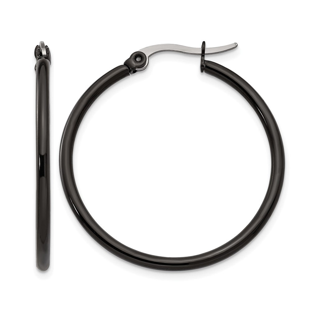Stainless Steel Chisel Polished Black Ip-Plated 32mm Diameter 2mm Hoop Earrings