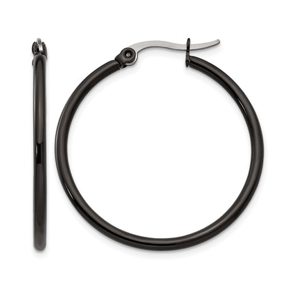 Stainless Steel Chisel Polished Black Ip-Plated 32mm Diameter 2mm Hoop Earrings