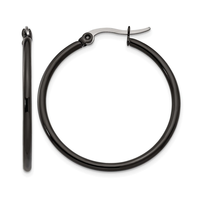 Stainless Steel Chisel Polished Black Ip-Plated 32mm Diameter 2mm Hoop Earrings