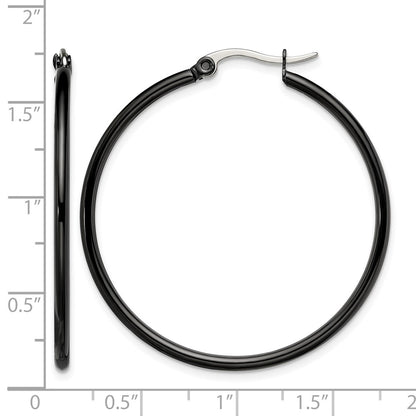 Stainless Steel Chisel Polished Black Ip-Plated 40mm Diameter 2mm Hoop Earrings