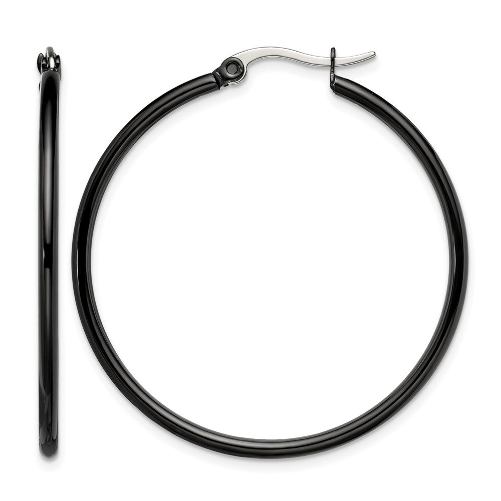 Stainless Steel Chisel Polished Black Ip-Plated 40mm Diameter 2mm Hoop Earrings