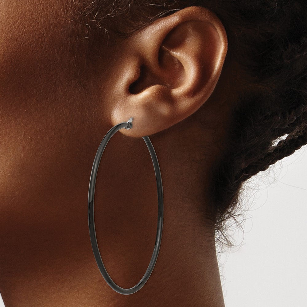 Stainless Steel Chisel Polished Black Ip-Plated 60mm Diameter 2mm Hoop Earrings