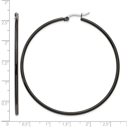 Stainless Steel Chisel Polished Black Ip-Plated 60mm Diameter 2mm Hoop Earrings