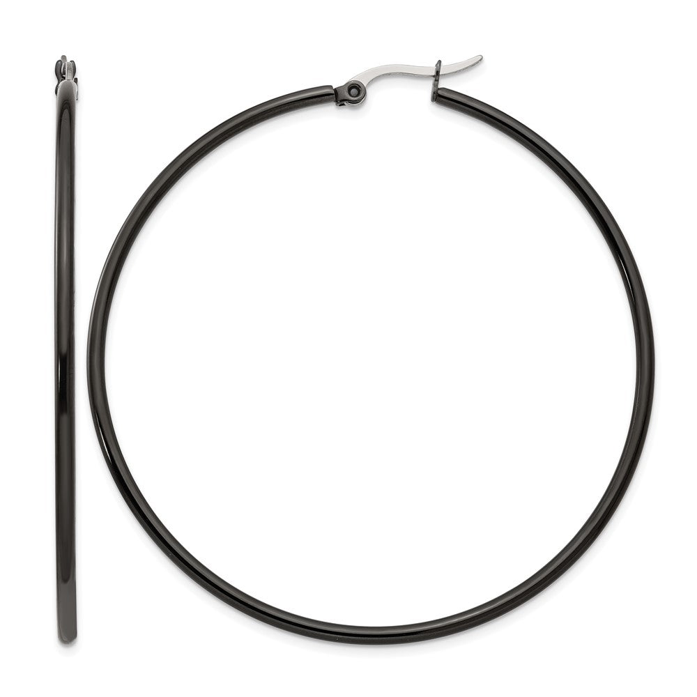 Stainless Steel Chisel Polished Black Ip-Plated 60mm Diameter 2mm Hoop Earrings