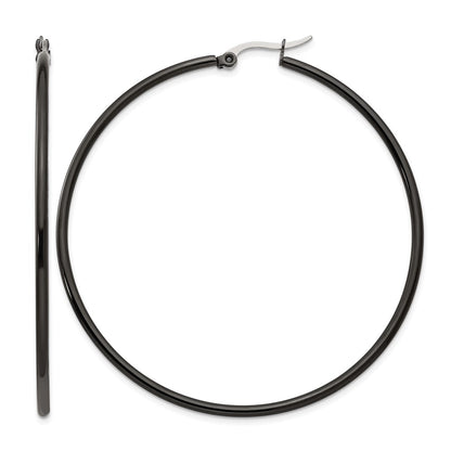 Stainless Steel Chisel Polished Black Ip-Plated 60mm Diameter 2mm Hoop Earrings