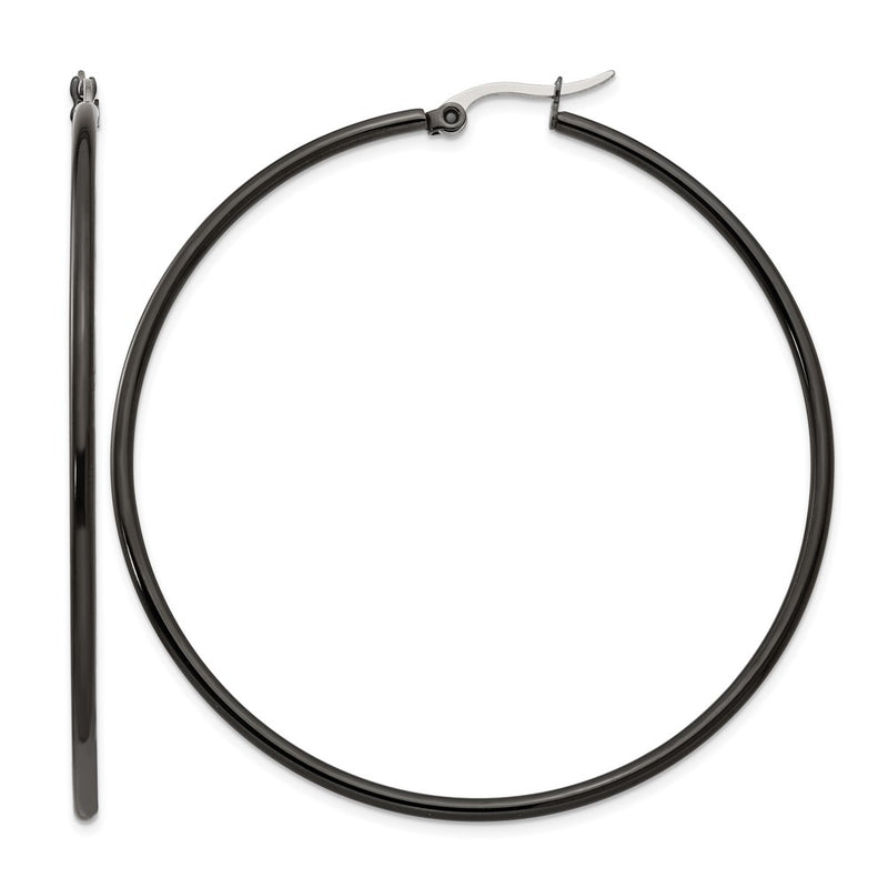 Stainless Steel Chisel Polished Black Ip-Plated 60mm Diameter 2mm Hoop Earrings