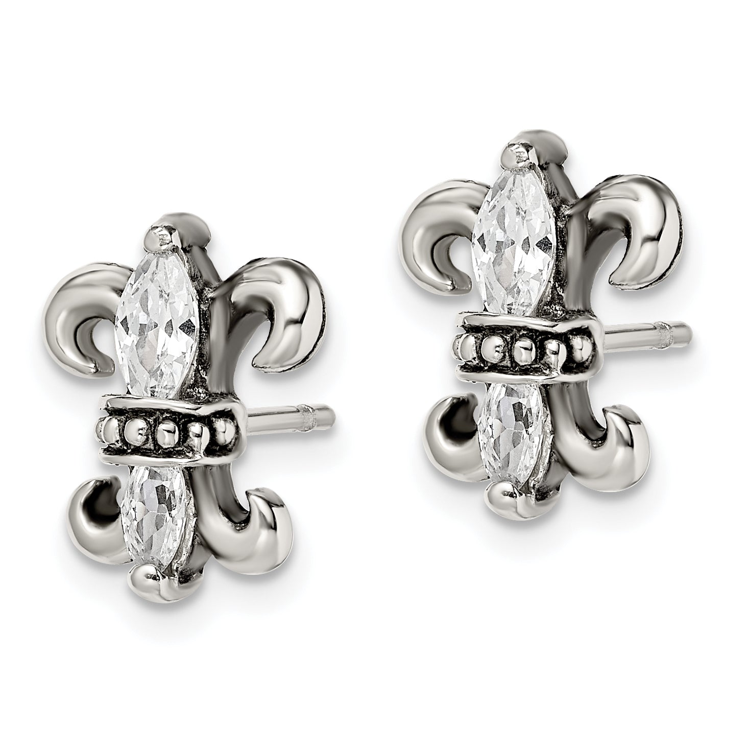 Stainless Steel Antiqued Polished & Textured W/Cz Fleur De Lis Post Earring