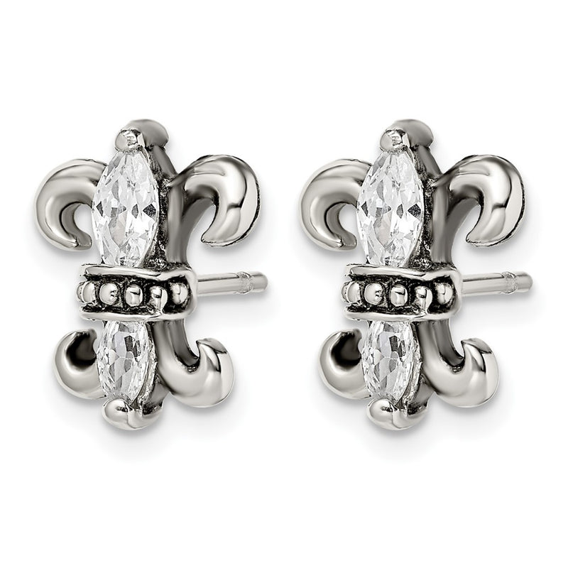 Stainless Steel Antiqued Polished & Textured W/Cz Fleur De Lis Post Earring