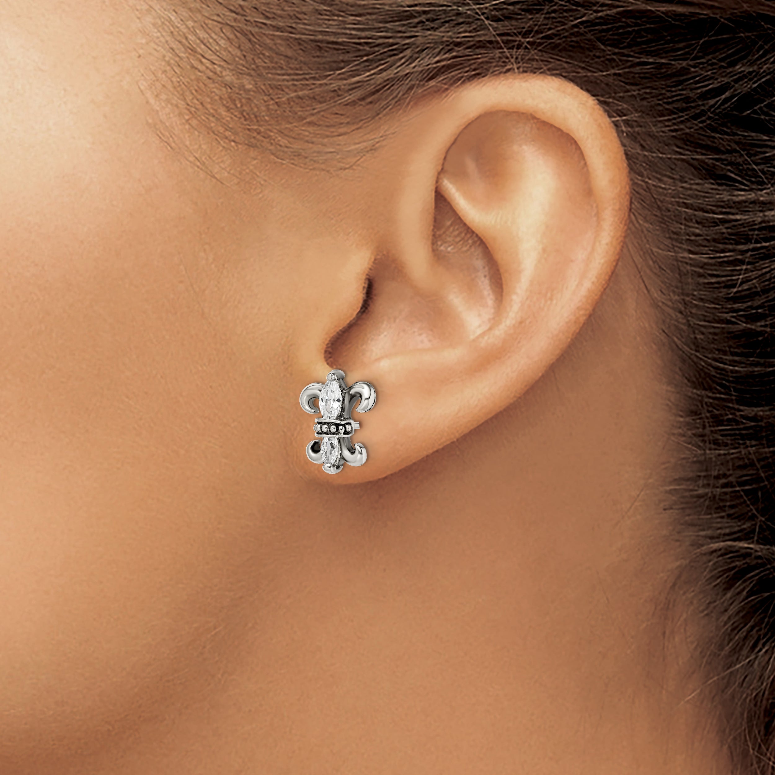 Stainless Steel Antiqued Polished & Textured W/Cz Fleur De Lis Post Earring