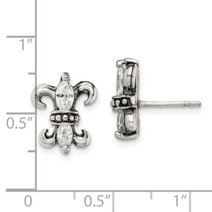 Stainless Steel Antiqued Polished & Textured W/Cz Fleur De Lis Post Earring