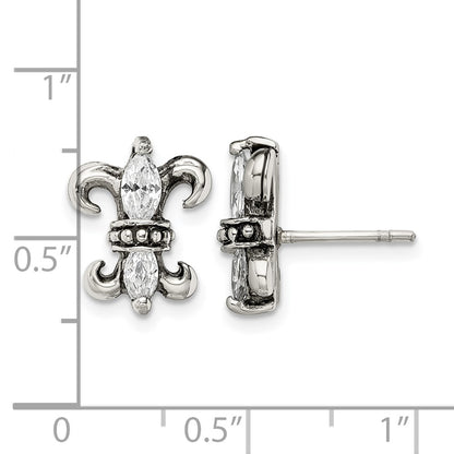 Stainless Steel Antiqued Polished & Textured W/Cz Fleur De Lis Post Earring