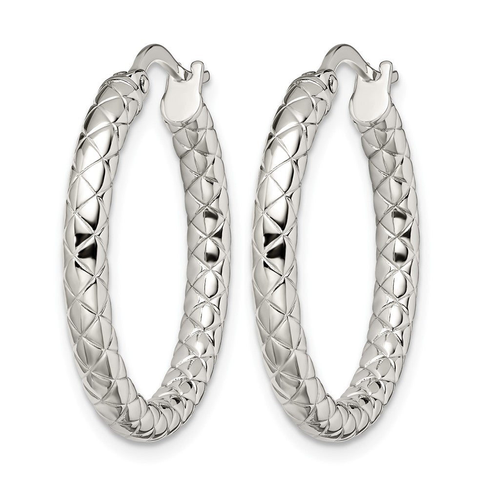 Stainless Steel Chisel Polished And Textured Hollow Hoop Earrings