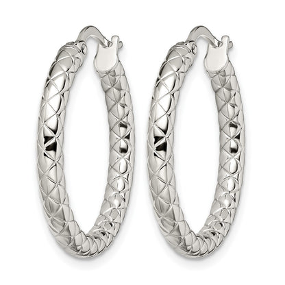 Stainless Steel Chisel Polished And Textured Hollow Hoop Earrings