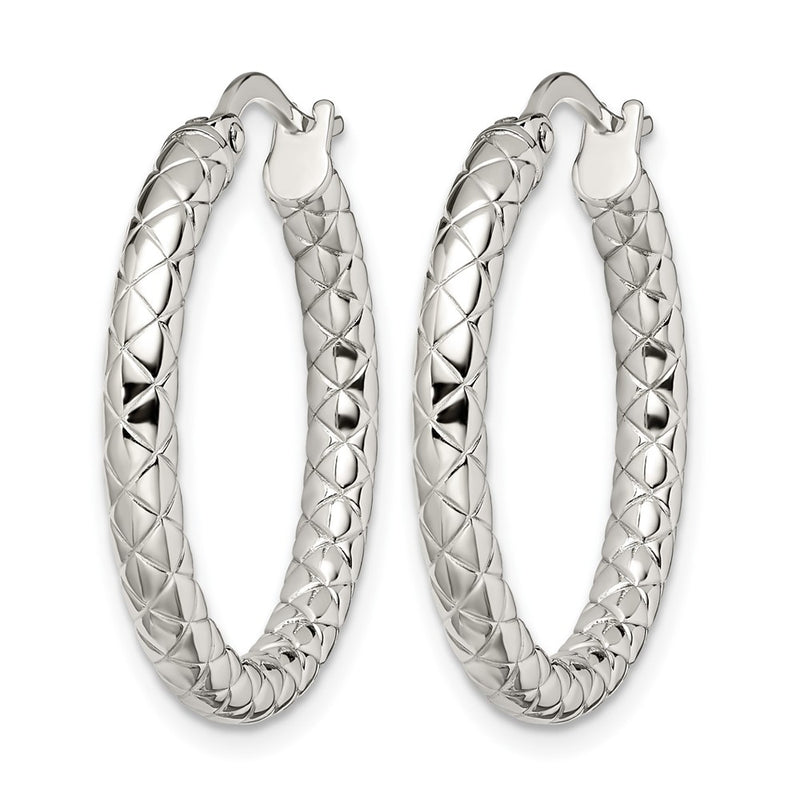 Stainless Steel Chisel Polished And Textured Hollow Hoop Earrings