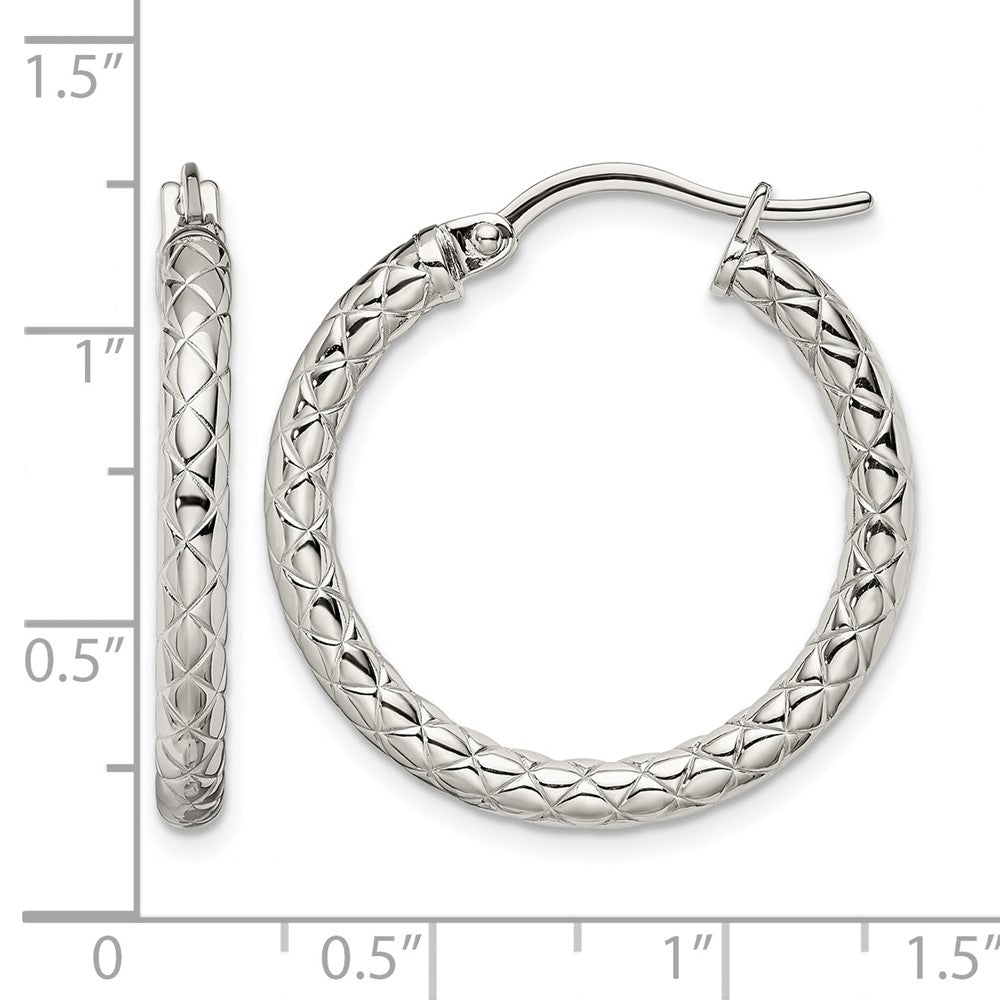 Stainless Steel Chisel Polished And Textured Hollow Hoop Earrings