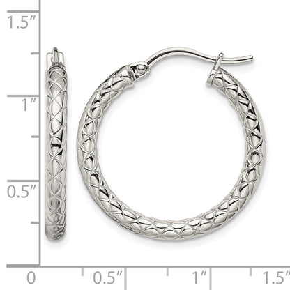Stainless Steel Chisel Polished And Textured Hollow Hoop Earrings