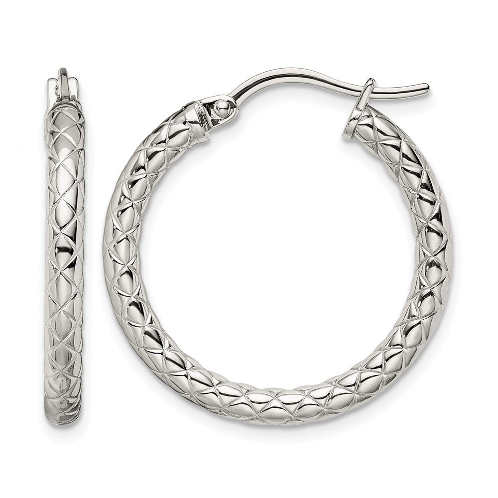 Stainless Steel Chisel Polished And Textured Hollow Hoop Earrings
