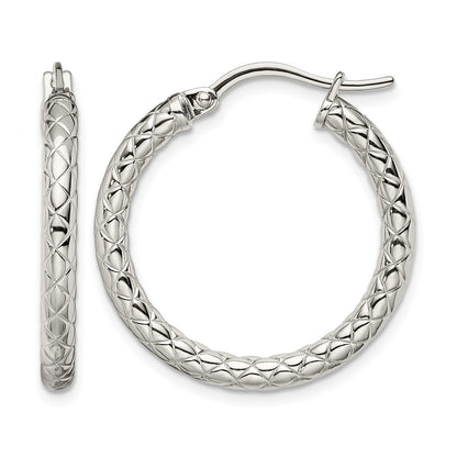 Stainless Steel Chisel Polished And Textured Hollow Hoop Earrings
