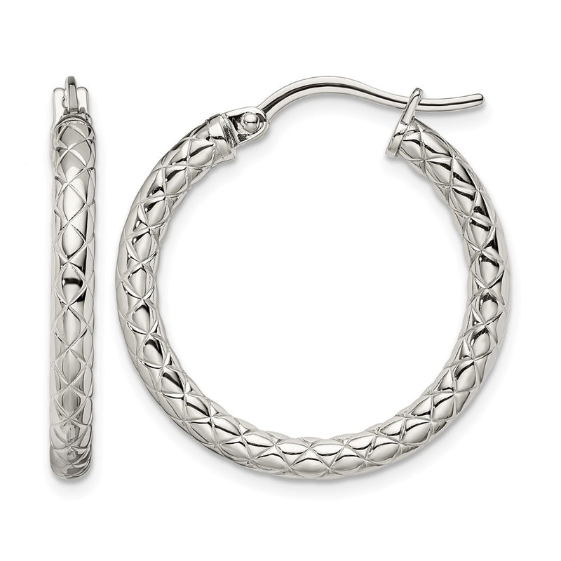 Stainless Steel Chisel Polished And Textured Hollow Hoop Earrings