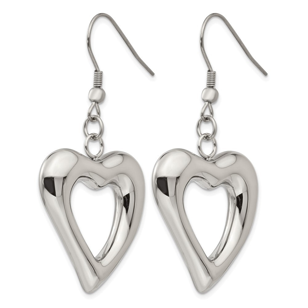Stainless Steel Chisel Polished Heart Shepherd Hook Dangle Earrings