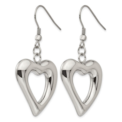 Stainless Steel Chisel Polished Heart Shepherd Hook Dangle Earrings