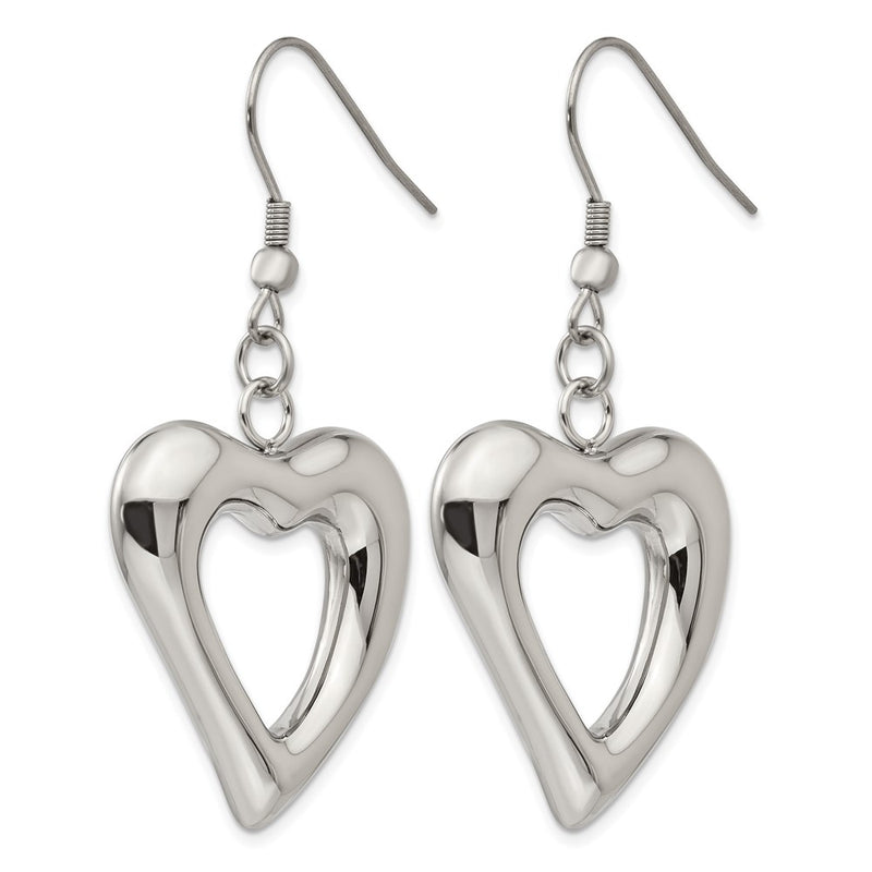 Stainless Steel Chisel Polished Heart Shepherd Hook Dangle Earrings