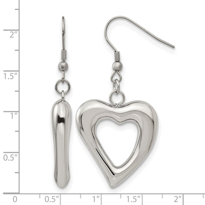 Stainless Steel Chisel Polished Heart Shepherd Hook Dangle Earrings