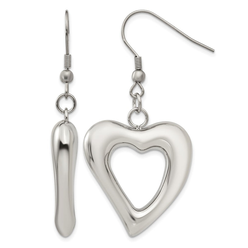 Stainless Steel Chisel Polished Heart Shepherd Hook Dangle Earrings