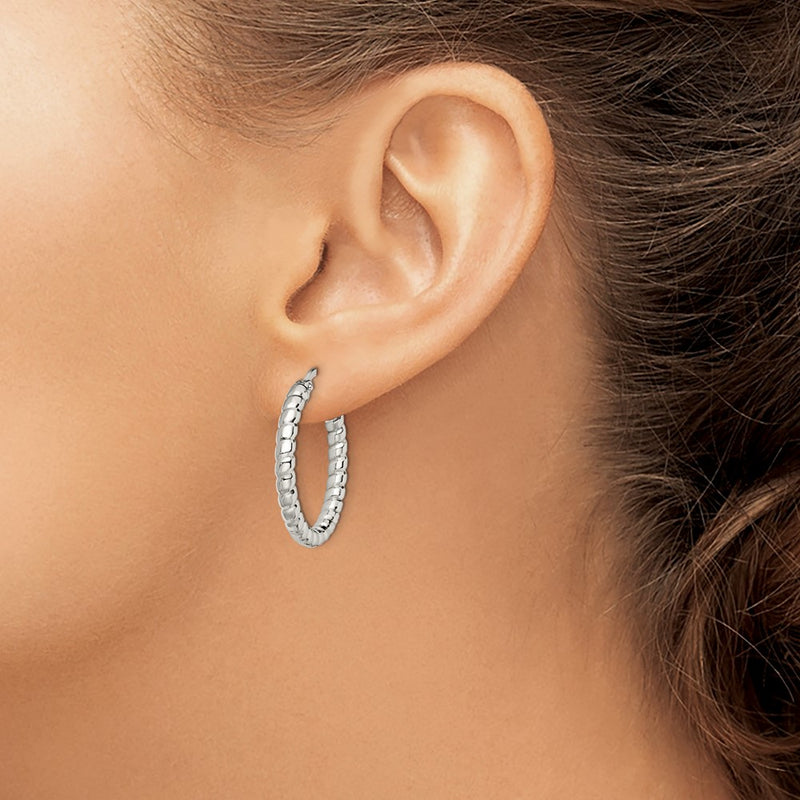 Stainless Steel Chisel Polished And Textured 20mm Diameter Hollow Hoop Earrings