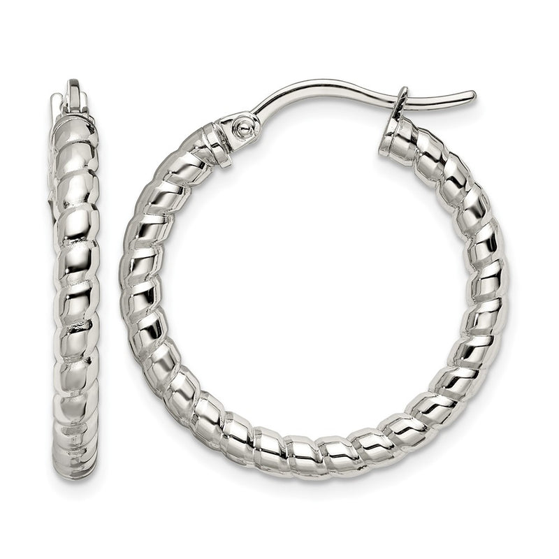 Stainless Steel Chisel Polished And Textured 20mm Diameter Hollow Hoop Earrings