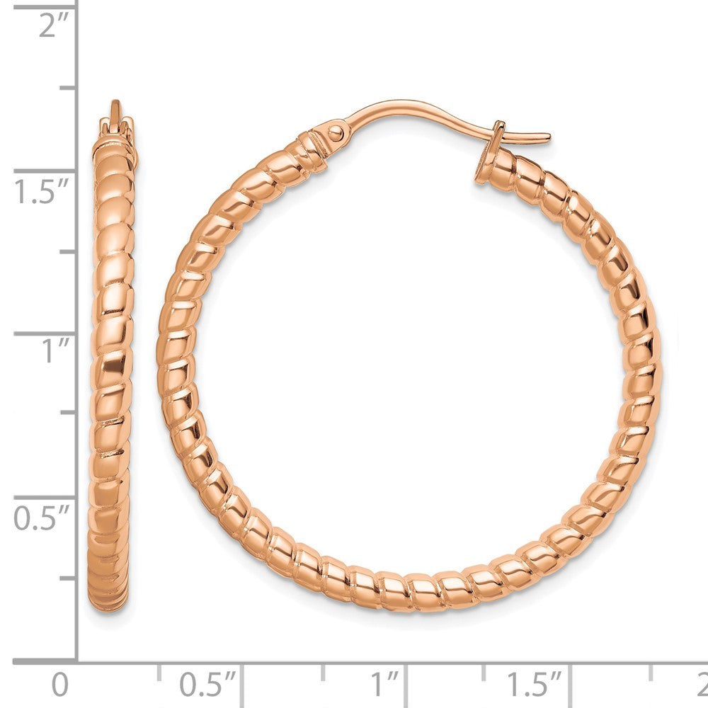 Stainless Steel Chisel Polished And Textured Rose Ip-Plated Hollow Hoop Earrings