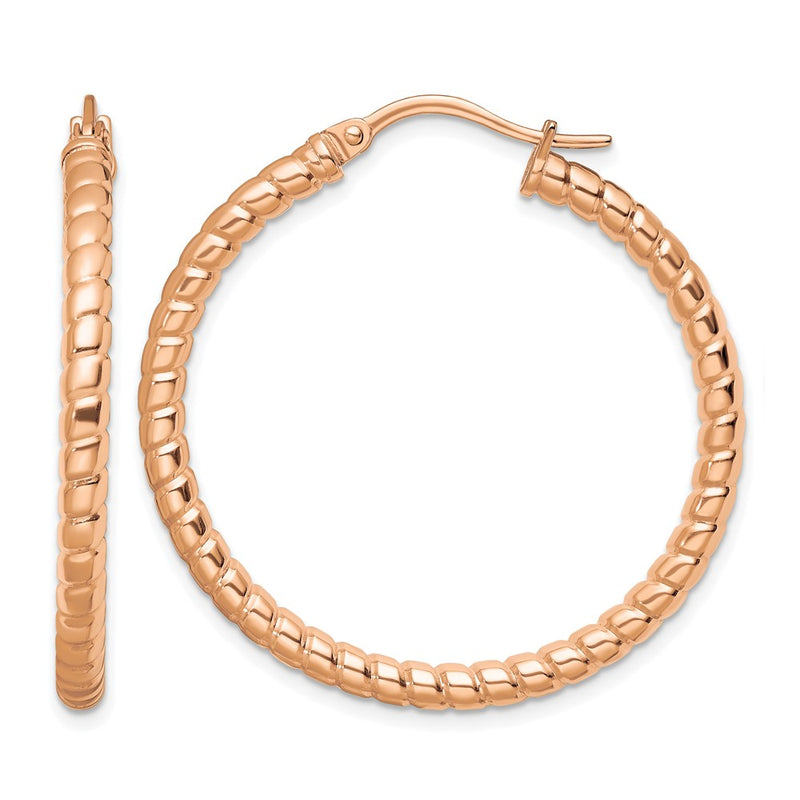Stainless Steel Chisel Polished And Textured Rose Ip-Plated Hollow Hoop Earrings