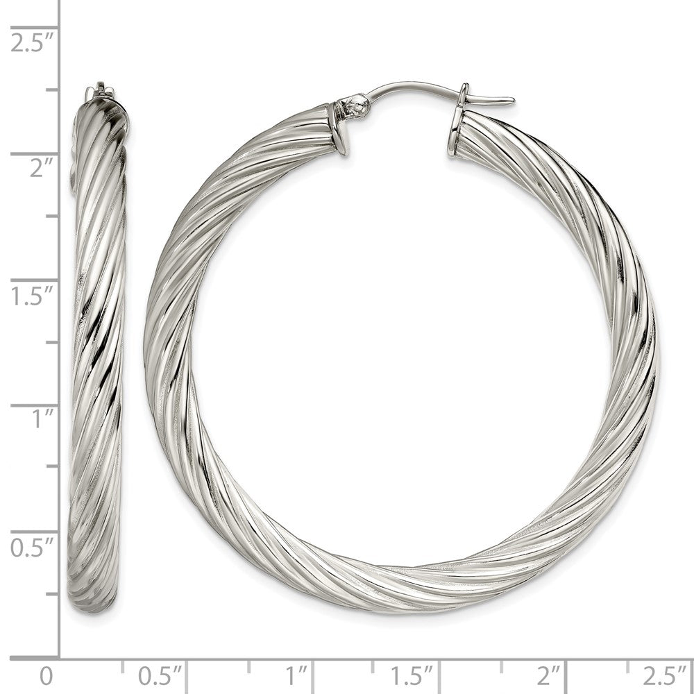 Stainless Steel Chisel Polished And Textured Hollow Hoop Earrings