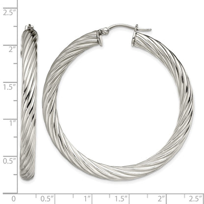 Stainless Steel Chisel Polished And Textured Hollow Hoop Earrings
