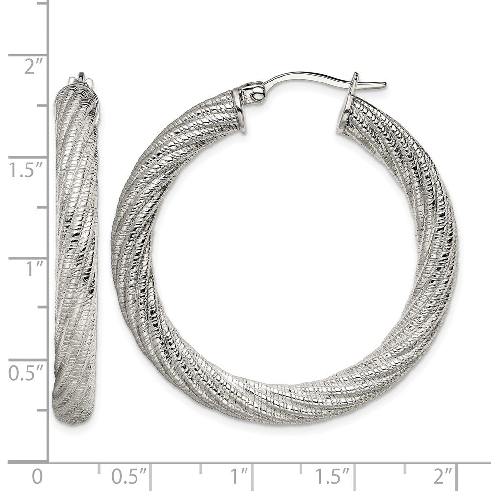 Stainless Steel Chisel Polished And Textured Hollow Hoop Earrings