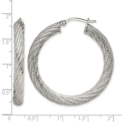 Stainless Steel Chisel Polished And Textured Hollow Hoop Earrings