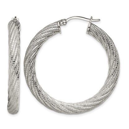 Stainless Steel Chisel Polished And Textured Hollow Hoop Earrings