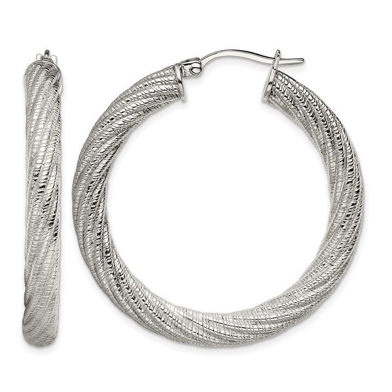 Stainless Steel Chisel Polished And Textured Hollow Hoop Earrings