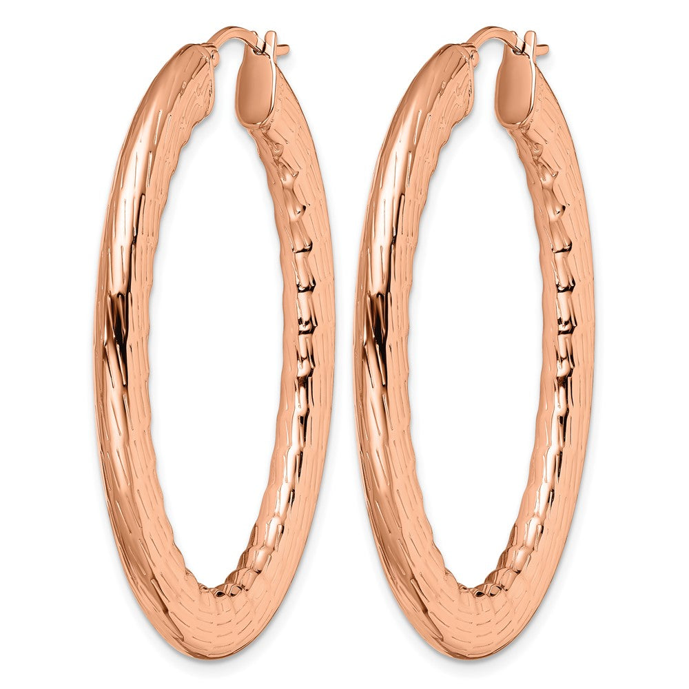 Stainless Steel Chisel Polished And Textured Rose Ip-Plated Hollow Oval Hoop Earrings