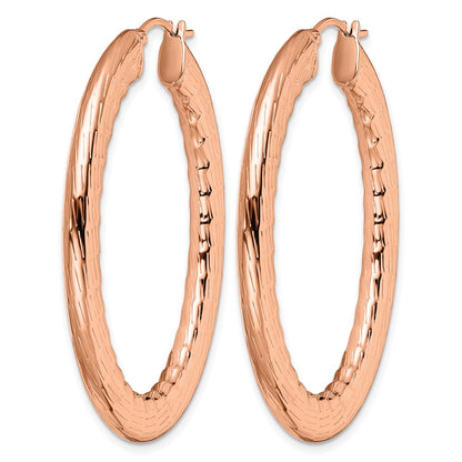 Stainless Steel Chisel Polished And Textured Rose Ip-Plated Hollow Oval Hoop Earrings