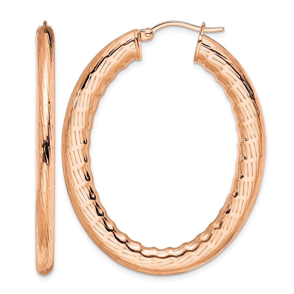 Stainless Steel Chisel Polished And Textured Rose Ip-Plated Hollow Oval Hoop Earrings