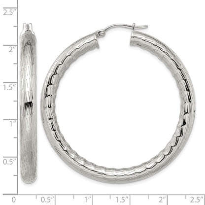Stainless Steel Chisel Polished And Textured Hollow Hoop Earrings