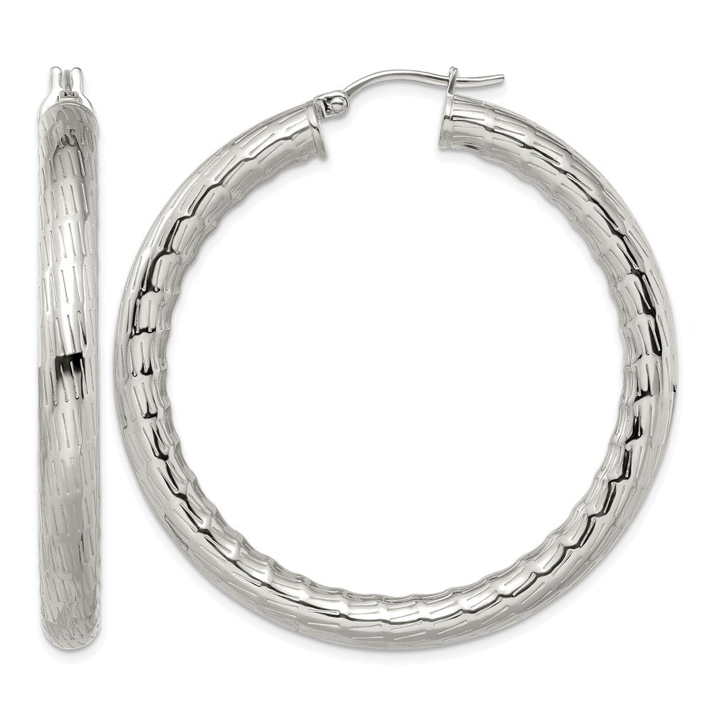 Stainless Steel Chisel Polished And Textured Hollow Hoop Earrings