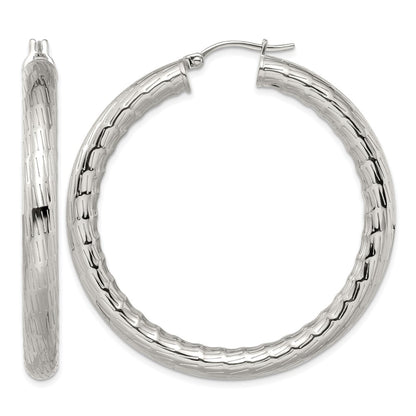 Stainless Steel Chisel Polished And Textured Hollow Hoop Earrings