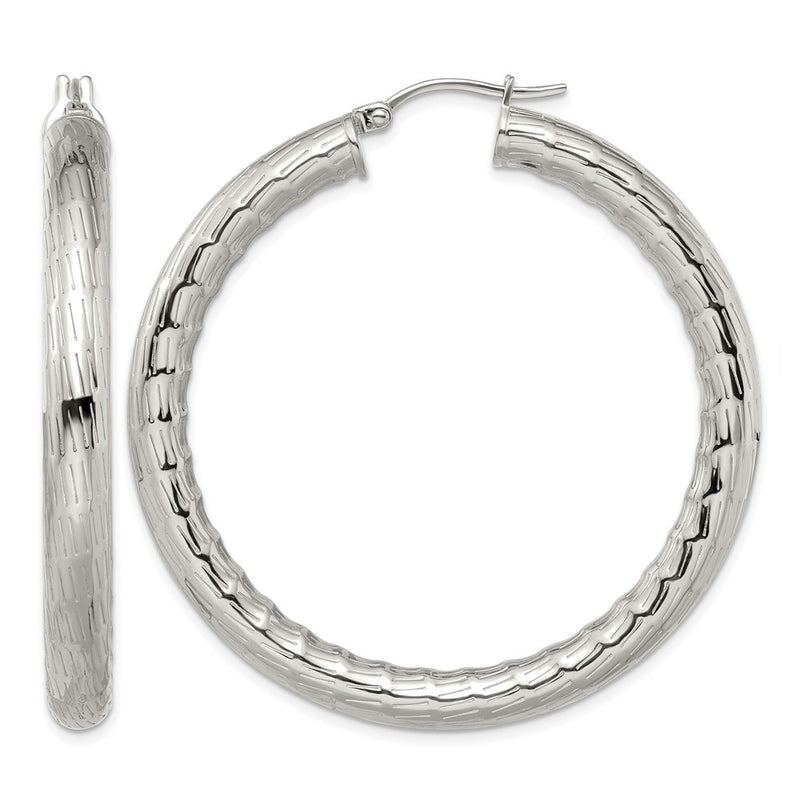 Stainless Steel Chisel Polished And Textured Hollow Hoop Earrings