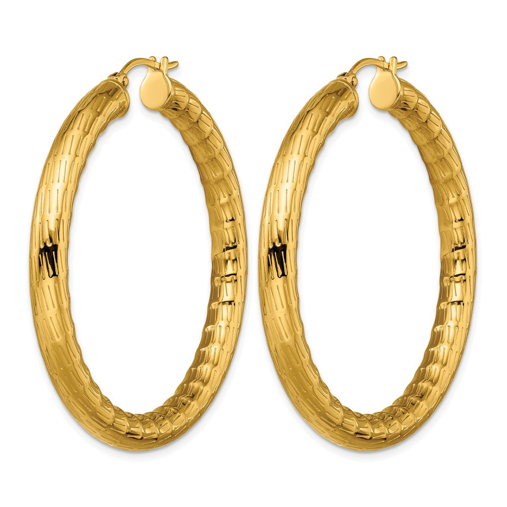 Stainless Steel Chisel Polished And Textured Yellow Ip-Plated Hoop Earrings