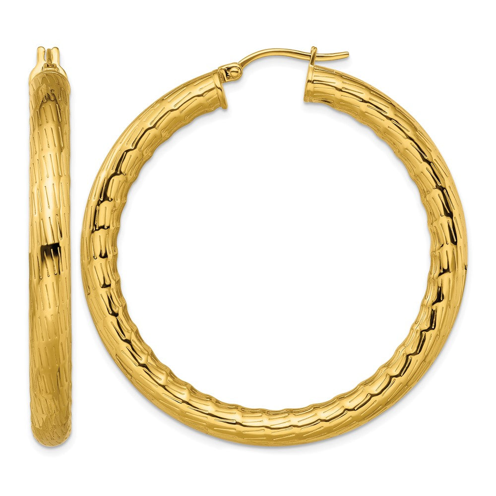 Stainless Steel Chisel Polished And Textured Yellow Ip-Plated Hoop Earrings