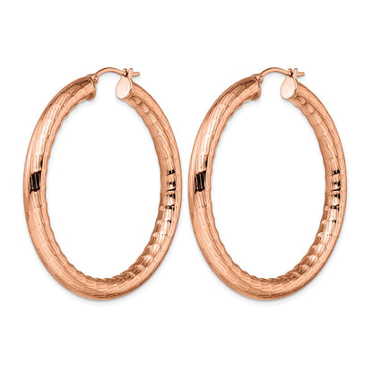 Stainless Steel Chisel Polished And Textured Rose Ip-Plated Hoop Earrings