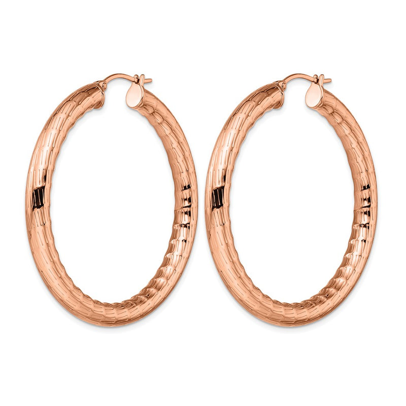 Stainless Steel Chisel Polished And Textured Rose Ip-Plated Hoop Earrings