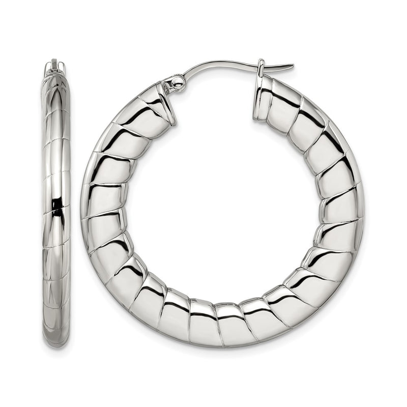 Stainless Steel Polished And Textured Hollow Hoop Earrings